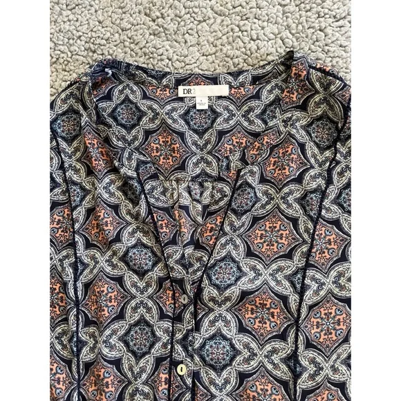 DR2 Women’s Large Blue & Salmon Pink Paisley Bohemian Button Up Blouse. - Picture 7 of 11